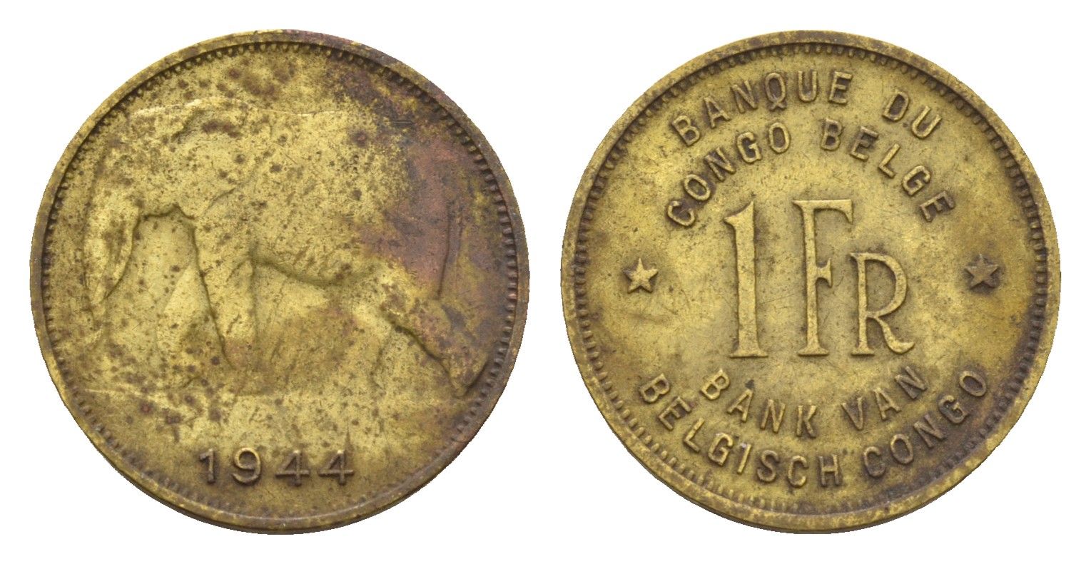 Бельгийское Конго 1 франк 1944 слон, Леопольд III KM 26 латунь 4669-417