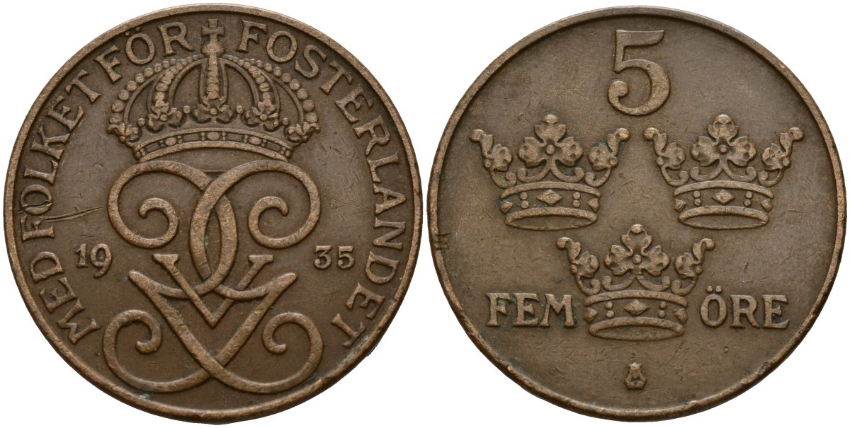 Швеция 5 эре 1935 Густав V (1907-1950) KM 779.2 бронза 4187-853