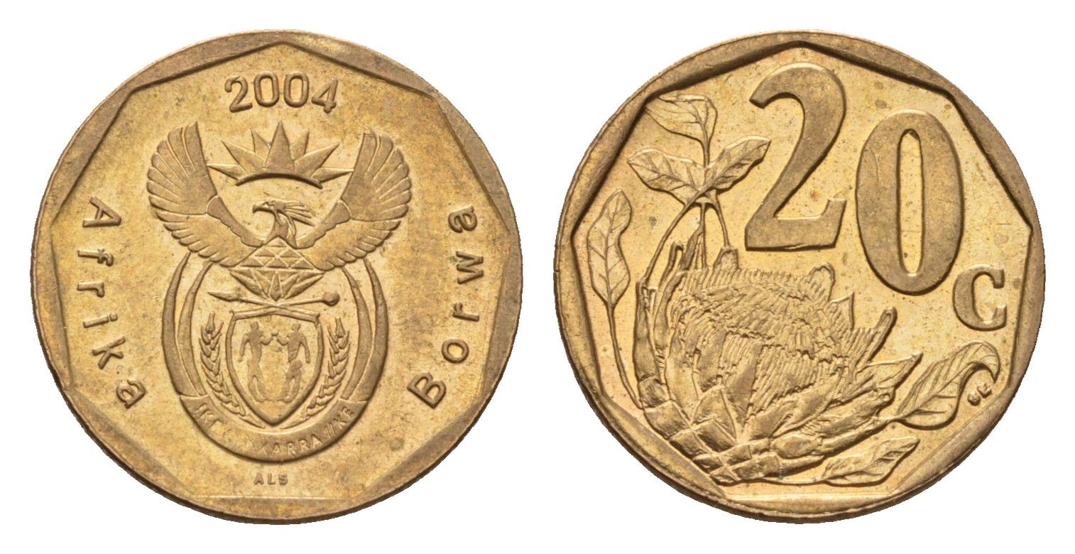 ЮАР 20 центов 2004 герб, цветок протея KM 328 сталь плакированная бронзой UNC 4687-556