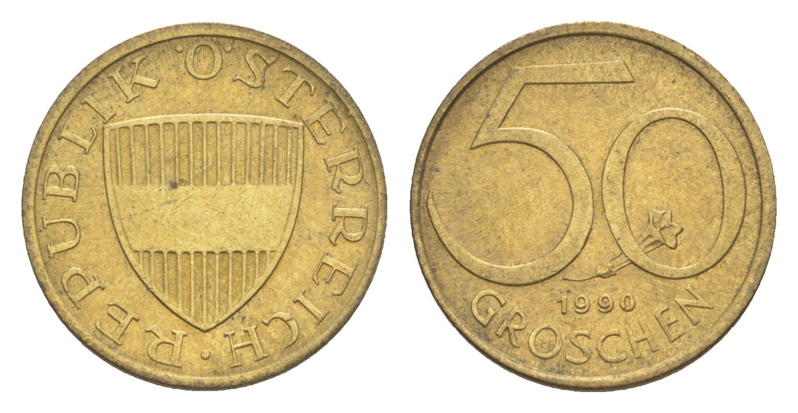 Австрия 50 грошей 1990 KM 2885 алюминиевая бронза UNC 4124-617