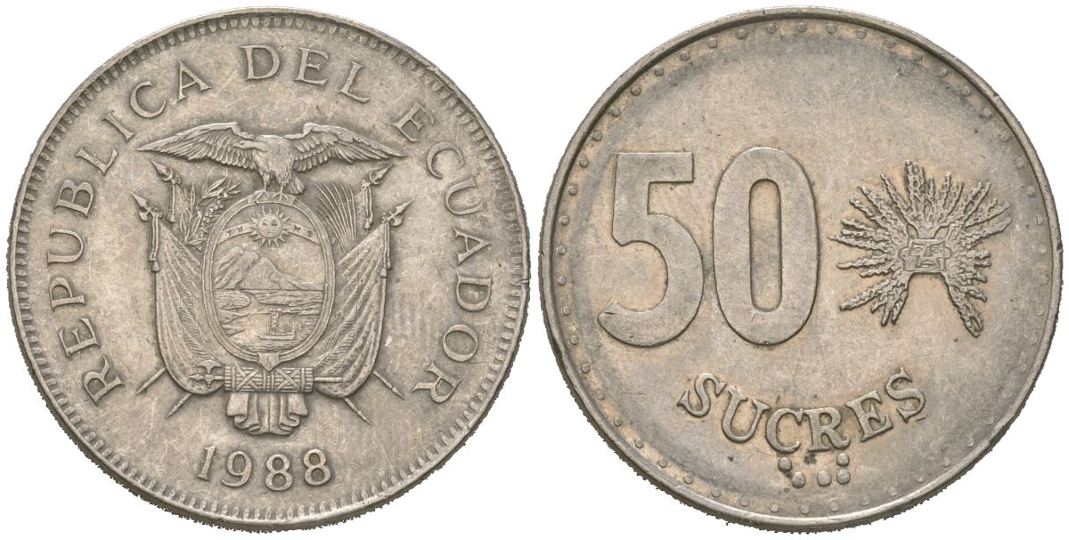 Эквадор 50 сукре 1988 KM 93 сталь плакированная никелем 4391-522