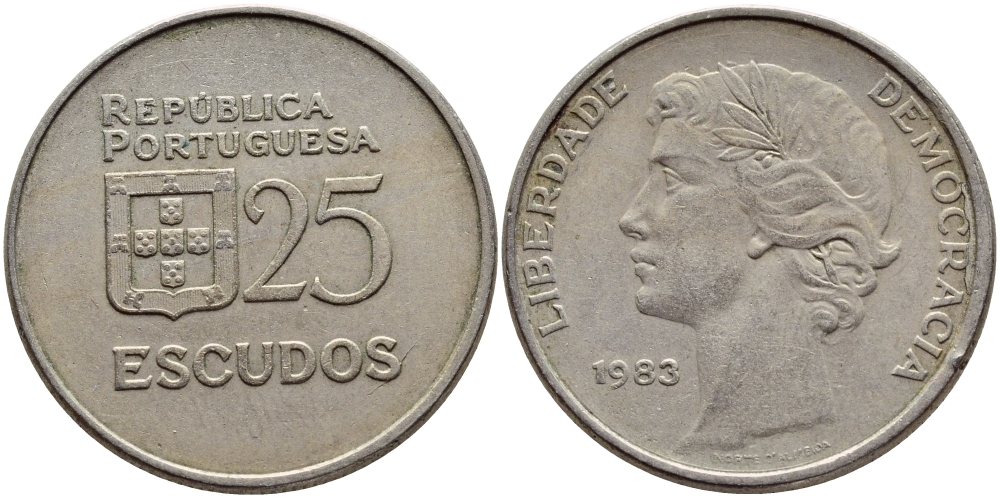 Португалия 25 эскудо 1983 KM 607а медно-никель 4394-746