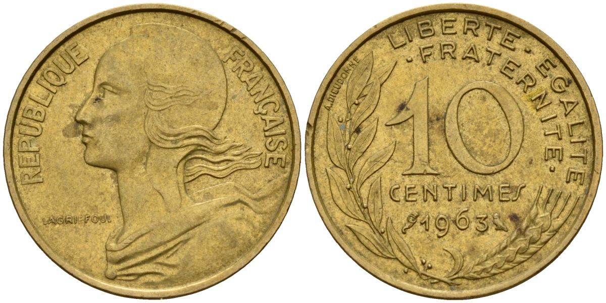 Франция 10 сантимов 1963 тип Marianne KM 929, Le Franc 144.3 медь алюминий никель 4115-538