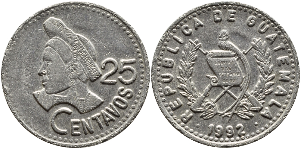 Гватемала 25 сентаво 1992 большая голова, Республика Гватемала KM 278.5 медно-никель 4389-425