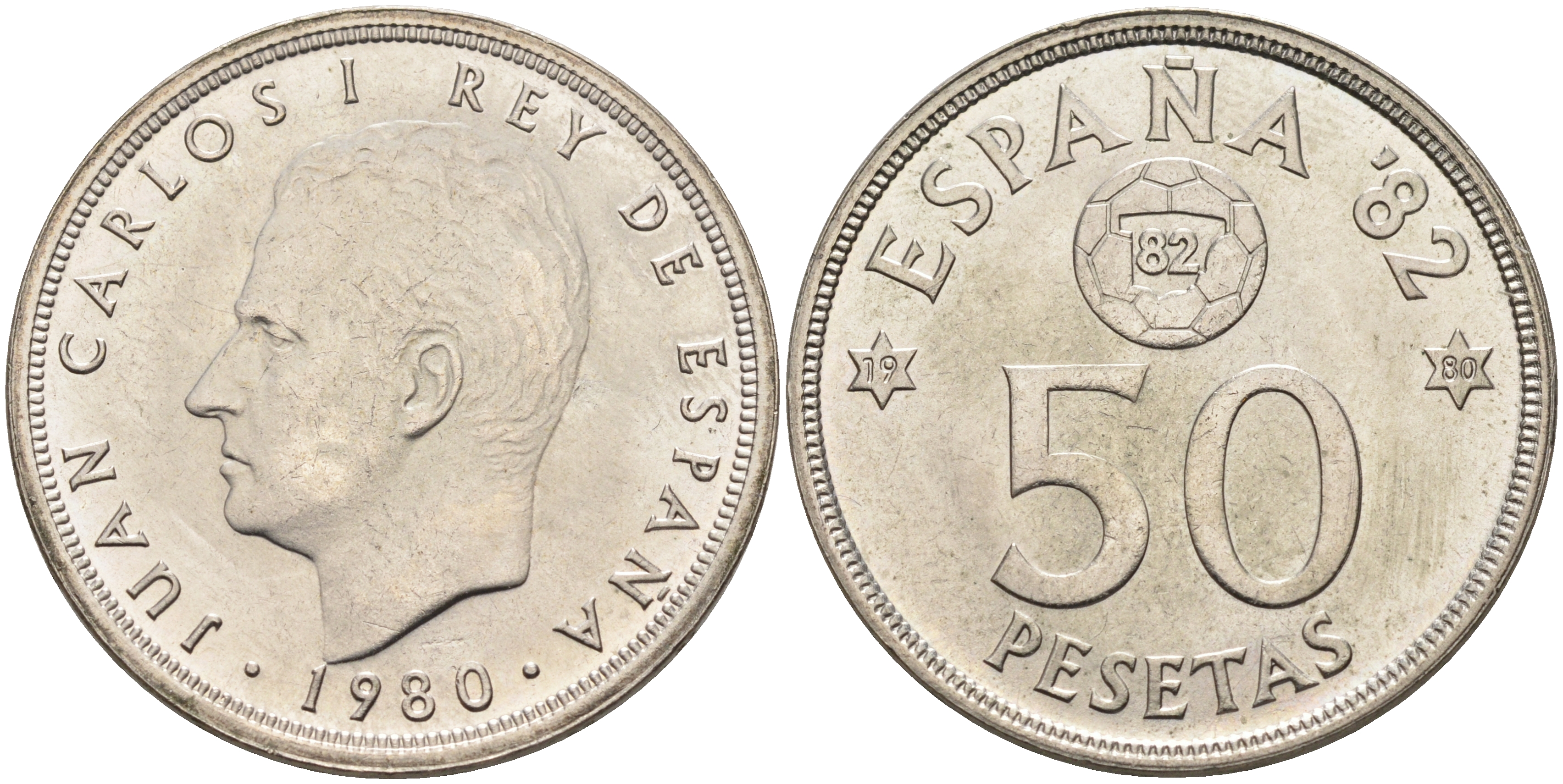 Испания 50 песет 1980 (80), чемпионат мира по футболу Испания 1982, Хуан Карлос I (1975-) KM 819 медно-никель 4590-114