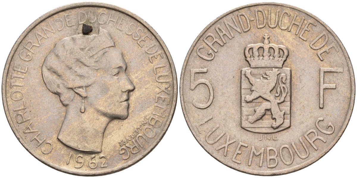 Люксембург 5 франков 1962 Великая герцогиня Шарлотта (1919-1964) KM 51 медно-никель 4143-1243