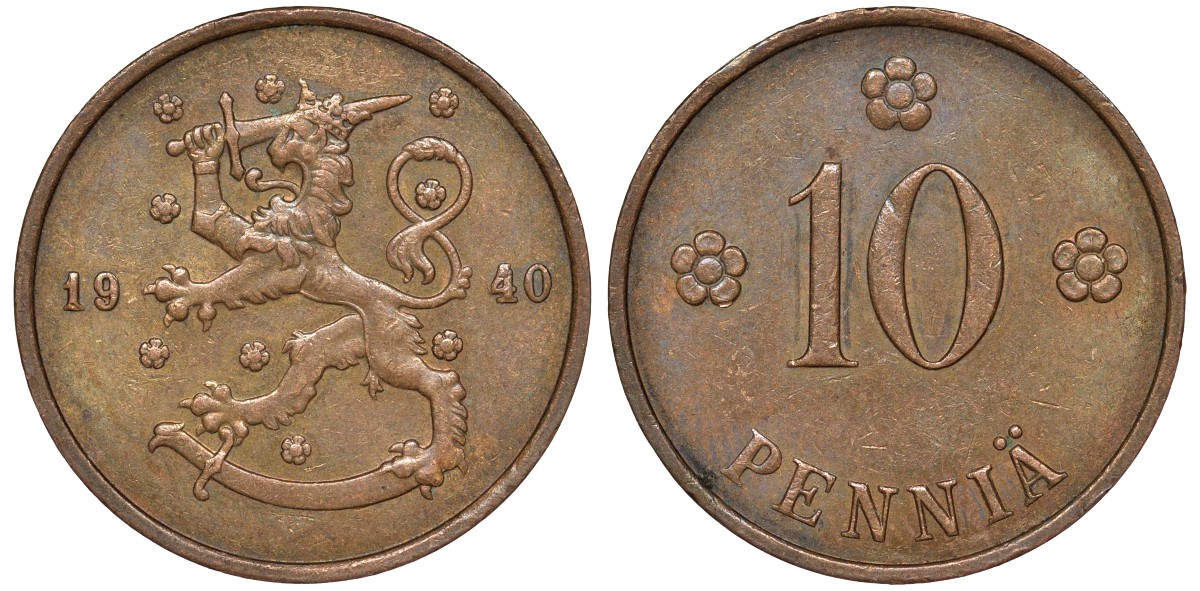 Финляндия 10 пенни 1940 KM 24 медь 51-3211
