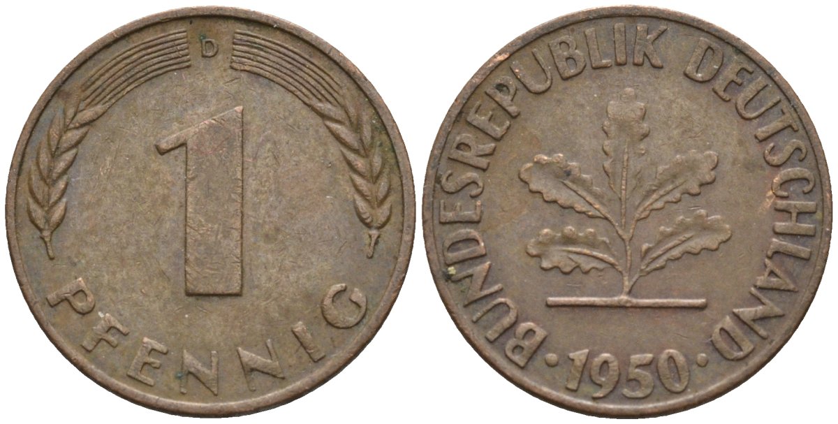 ФРГ 1 пфенниг 1950 D KM 105, J.380 сталь плакированная медью 4174-569