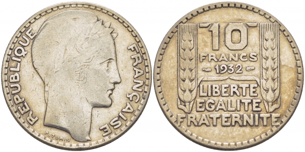 Франция 10 франков 1932 Пьер Тюрен KM 878, Le Franc 360.5 серебро 3457-857
