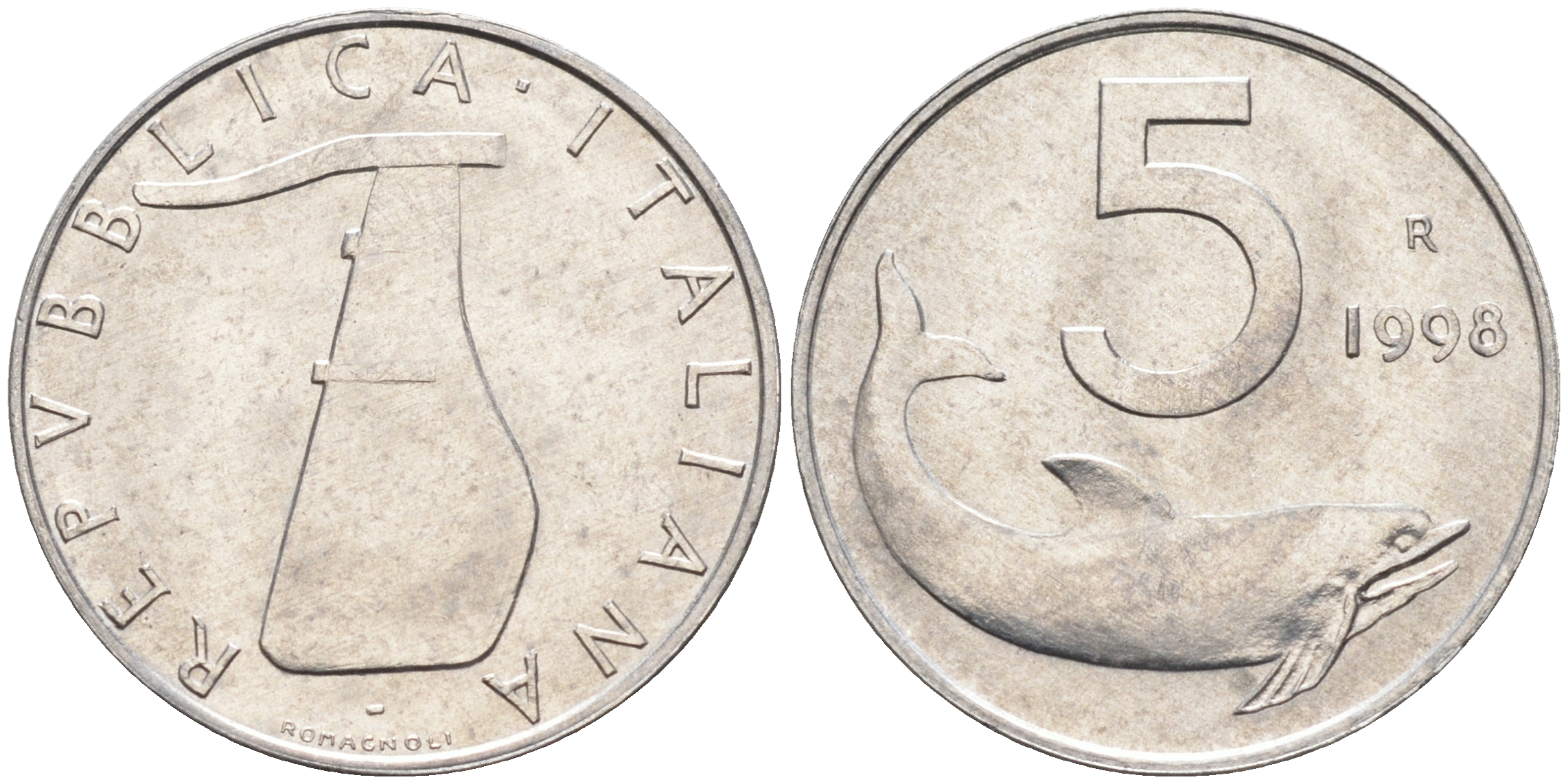 Италия 5 лир 1998 R, дельфин KM 92 алюминий  UNC  4594-751