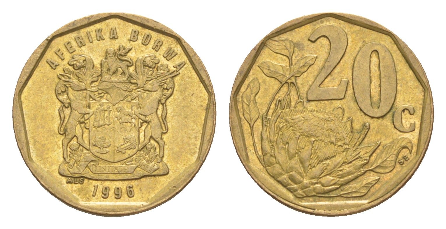 ЮАР 20 центов 1996 герб, цветок протея KM 162 сталь плакированная бронзой UNC 4618-524