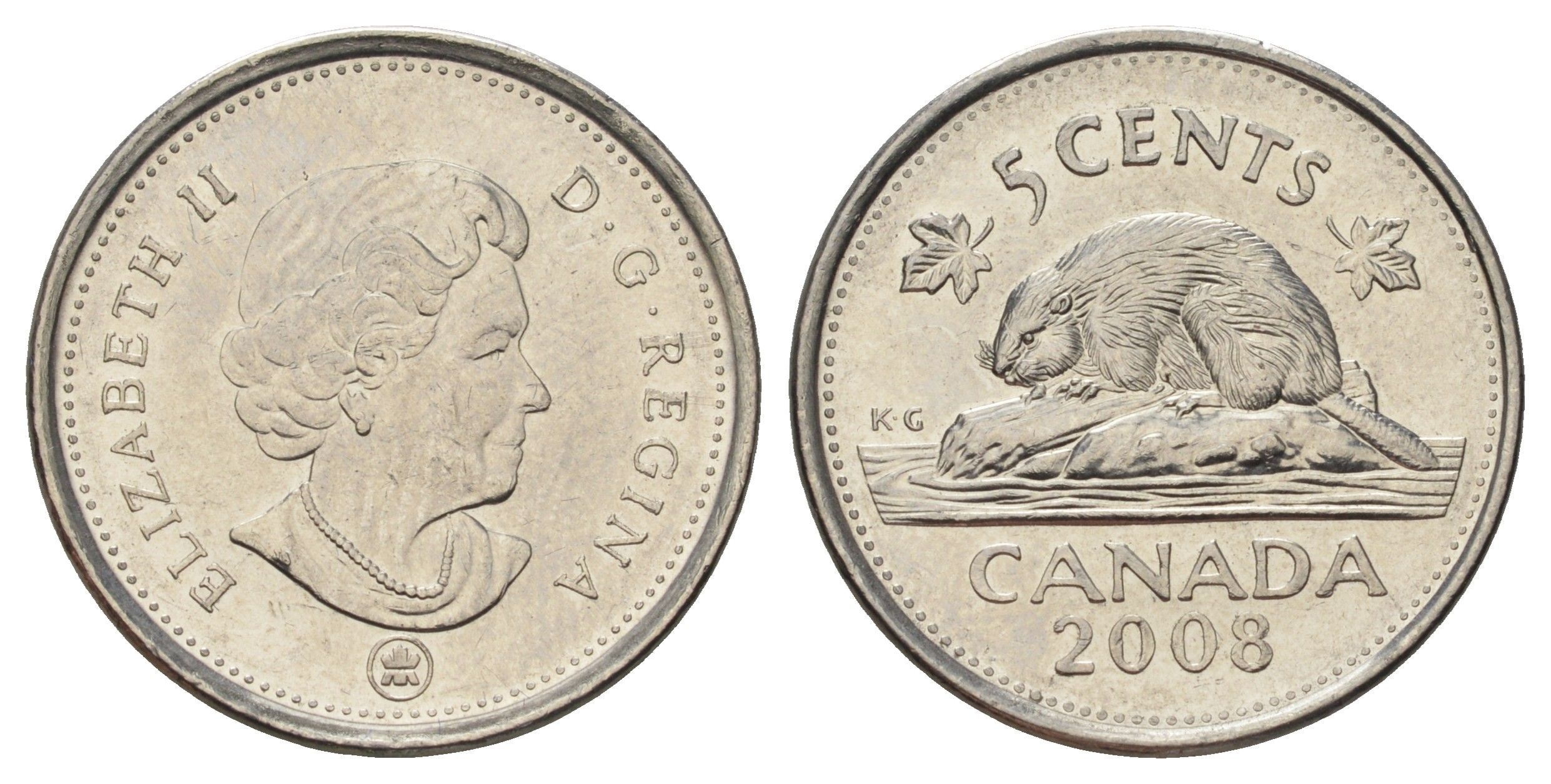 Канада 5 центов 2008 Leaf, Елизавета II (1952-2022), бобр KM 491 сталь плакированная никелем UNC 4689-515