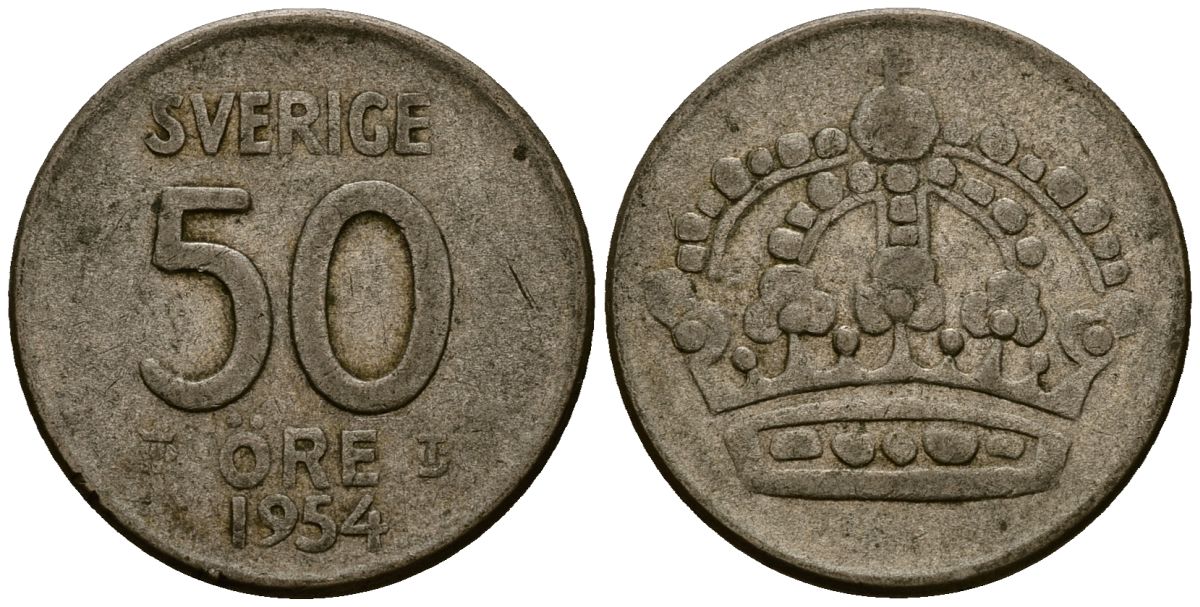 Швеция 50 эре 1954 Густав VI Адольф (1950-1973) KM 825 серебро 4177-934