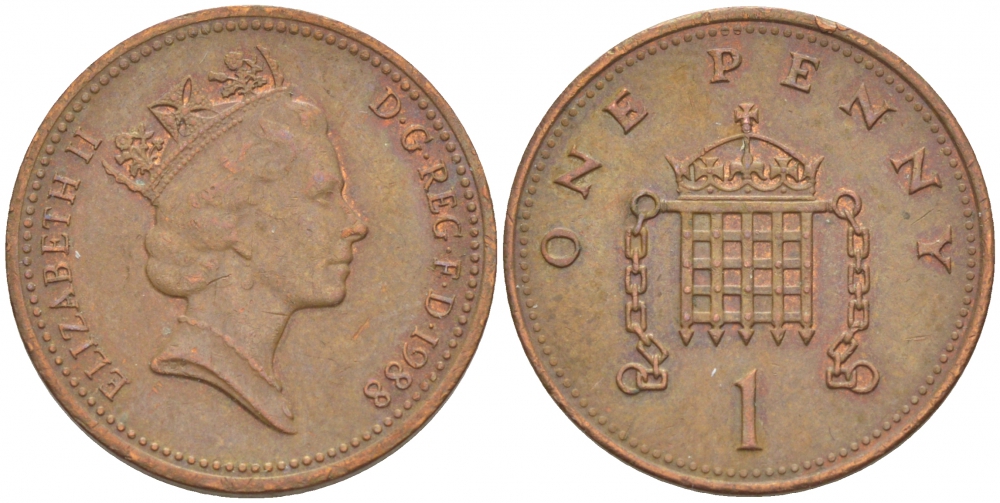 Великобритания 1 пенни 1988 Елизавета II (1952-2022) KM 935, Spink 4381 (B3) бронза 3955-525