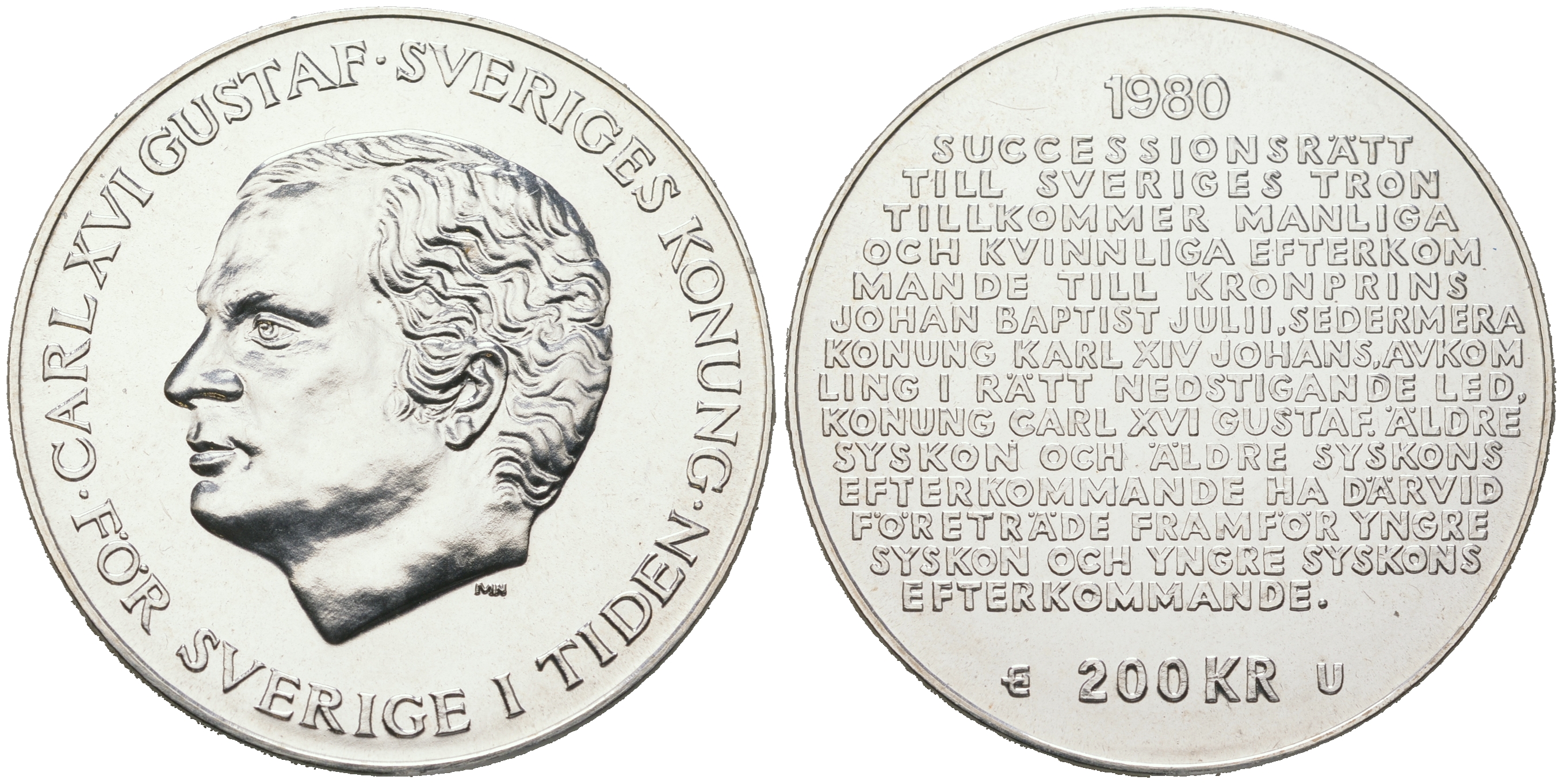 Швеция 200 крон 1980 U, Карл XVI Густав (1973- ), шведский королевский свод законов о престолонаследии, в оригинальной пластиковой упаковке KM 860 серебро PROOFLIKE 1089-2-13