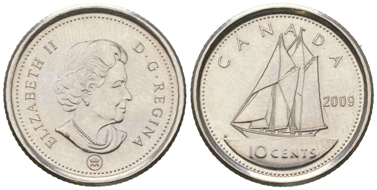 Канада 10 центов 2009 Leaf, Елизавета II (1952-2022), парусник KM 492 сталь плакированный никелем UNC 4382-1154