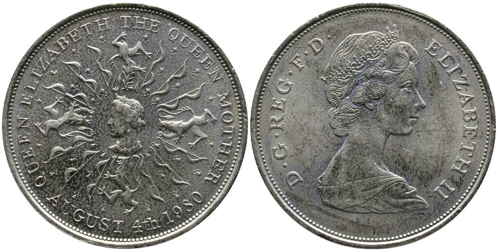 Великобритания 25 пенсов 1980 80 лет королеве Елизавете-королеве матери, Елизавета II (1952-2022) KM 921, Spink 2228 медно-никель UNC 107-233