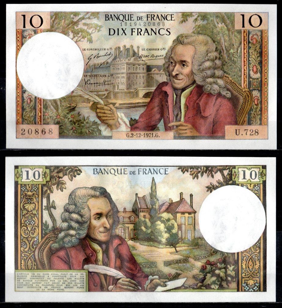 Франция 10 франков 1971 Вольтер (Франсуа-Мари Аруэ), дворец Тюильри (Париж). Вольтер (Франсуа-Мари Аруэ), Шато де Сирей (Шампань Pick 147 c бумага 451-1057-3