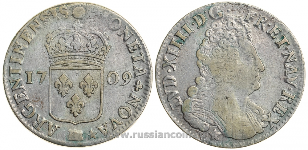 Франция 1/2 экю 1709 BB, Людовик XIV KM 409.2 серебро 00-819-03