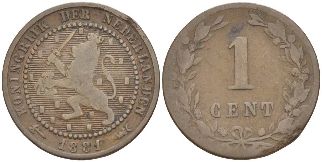 НИДЕРЛАНДЫ 1 ЦЕНТ 1881 ВИЛЛИАМ III (1849-1890) KM 107 бронза 4547-1257