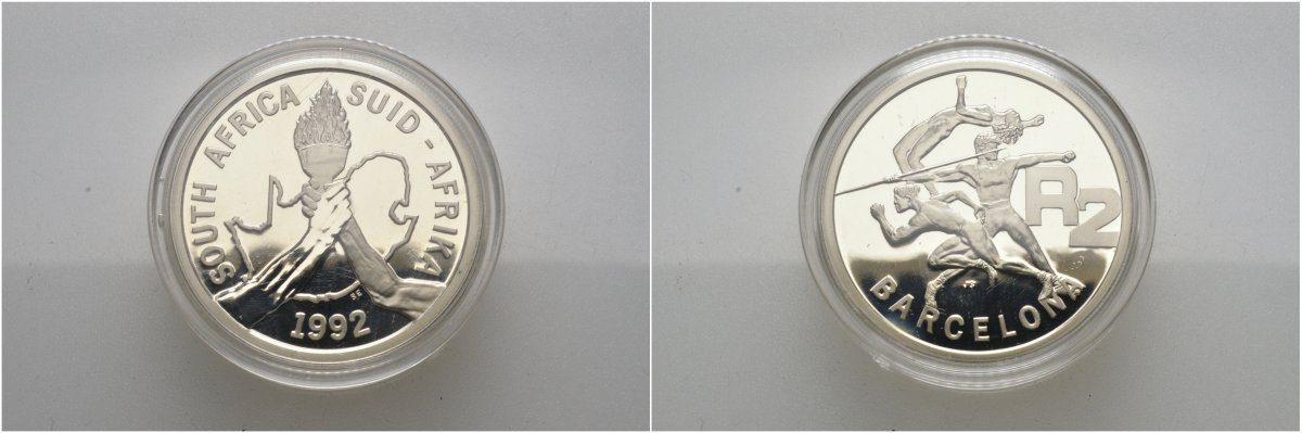 ЮАР 2 ранда 1992 олимпийские игры, Барселона 1992, в коробке KM 147 серебро PROOF 3-4-7-1