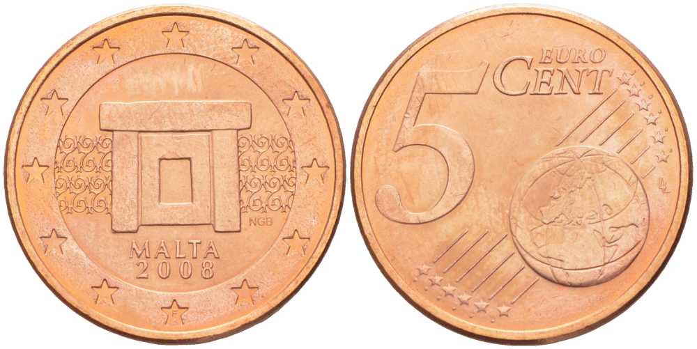 Мальта 5 евроцентов 2008 KM 127 сталь плакированная медью UNC 63-362