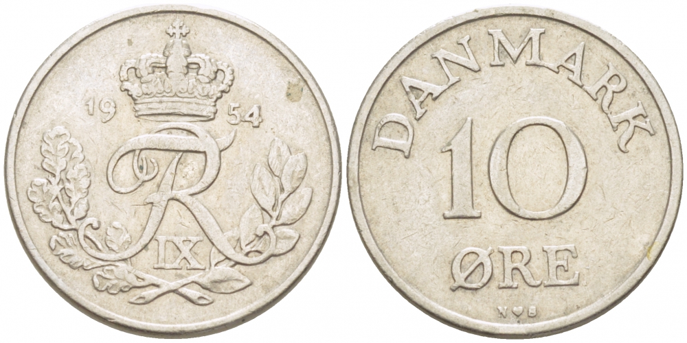 ДАНИЯ 10 ЭРЕ 1954 N; S, ФРЕДЕРИК IX (1947-1972) KM 841.1 медно-никель 3309-141