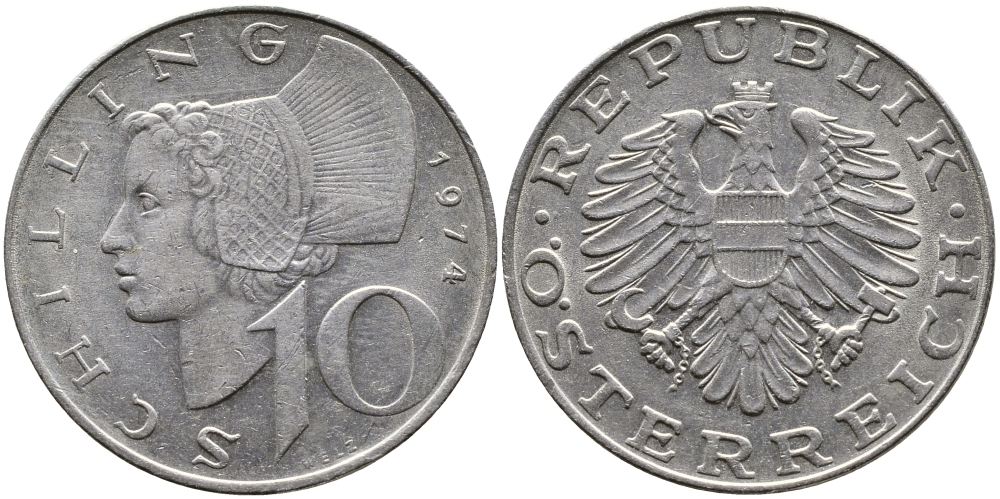 АВСТРИЯ 10 ШИЛЛИНГОВ 1974 KM 2918 никель плакированный медно-никелем 4388-1243