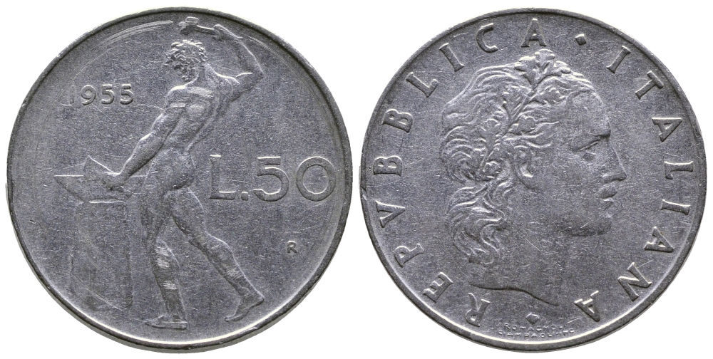 Италия 50 лир 1955 R, бог огня Вулкан у наковальни KM 95.1 нержавеющая сталь 85-111
