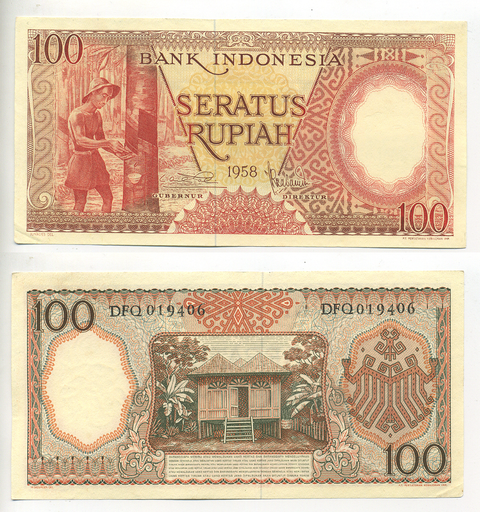Индонезия 100 рупий 1958 лесоруб на плантации Pick 59 бумага aUNC 6294-48-3