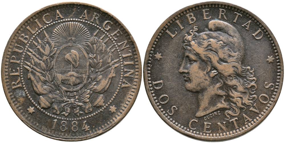 Аргентина 2 сентаво 1884 голова свободы влево KM 8 бронза 4531-522