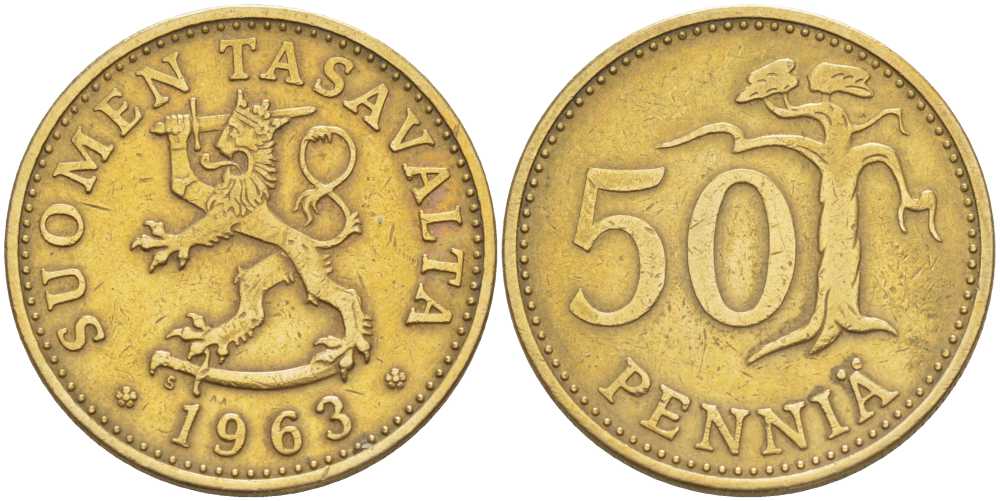 ФИНЛЯНДИЯ 50 ПЕННИ 1963 S KM 48 алюминиевая бронза 210-831