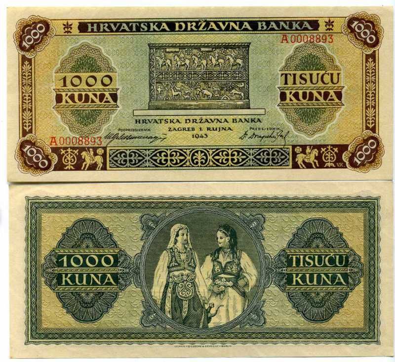 Хорватия 1000 куна 1943 Pick 12 бумага UNC (пресс) 451-63-3