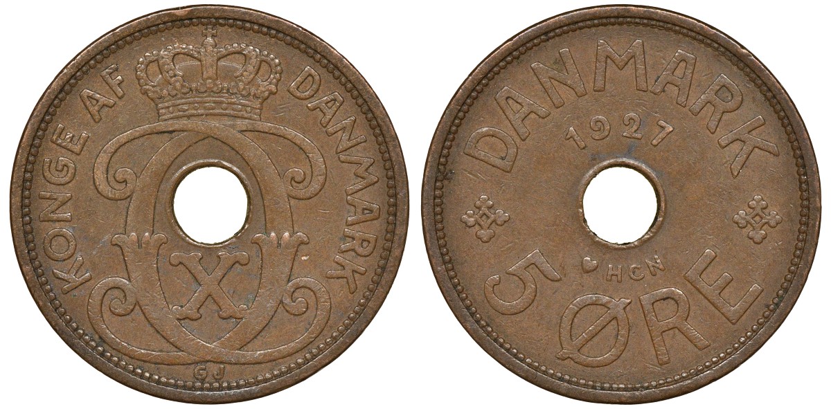 Дания 5 эре 1927 HCN; GJ, Кристиан X (1912-1947) KM 827.1 бронза 4162-132
