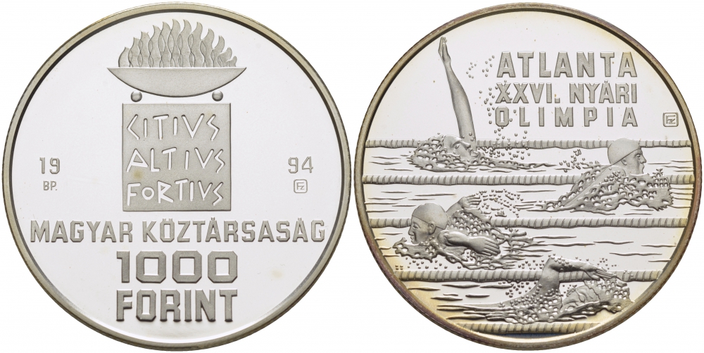 Венгрия 1000 форинтов 1994 XXVI Олимпийские игры в Атланте, плавание KM 712 серебро PROOF 1081-4-12