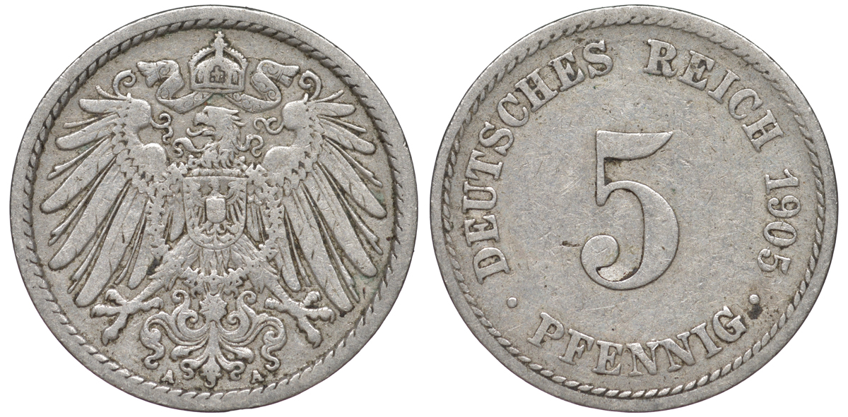 ГЕРМАНИЯ 5 ПФЕННИГОВ 1905 A, KM 11, J.12 медно-никель 45-1122