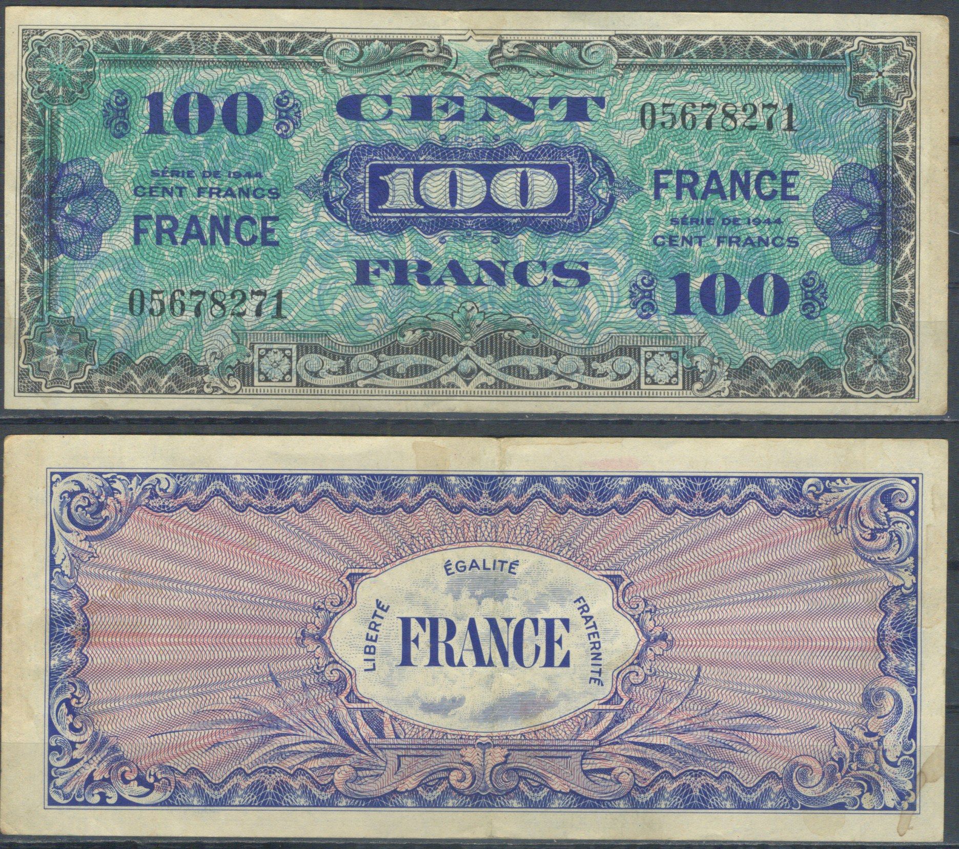 Франция 100 франков 1944 Pick 123 a бумага 8622-25-3-1