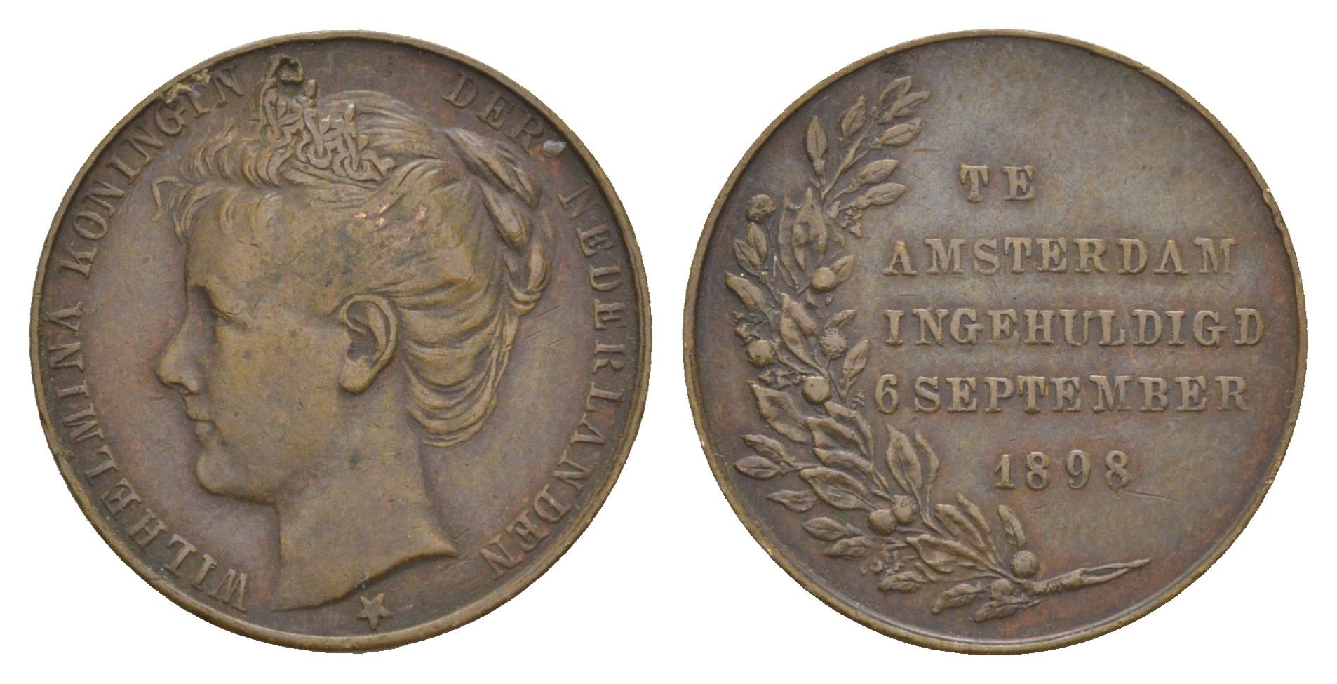 Нидерланды медаль "Коронация Вильгельмины " 1898 Коронация Вильгельмины 6 сентября 1898 года на престол Нидерландов, диаметр 23,8 мм, вес 7,14 гр медь 1515-1723