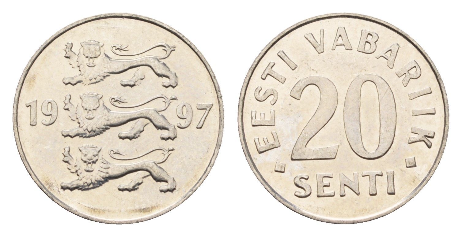 Эстония 20 сентов 1997 KM 23a сталь плакированная никелем UNC 4689-714