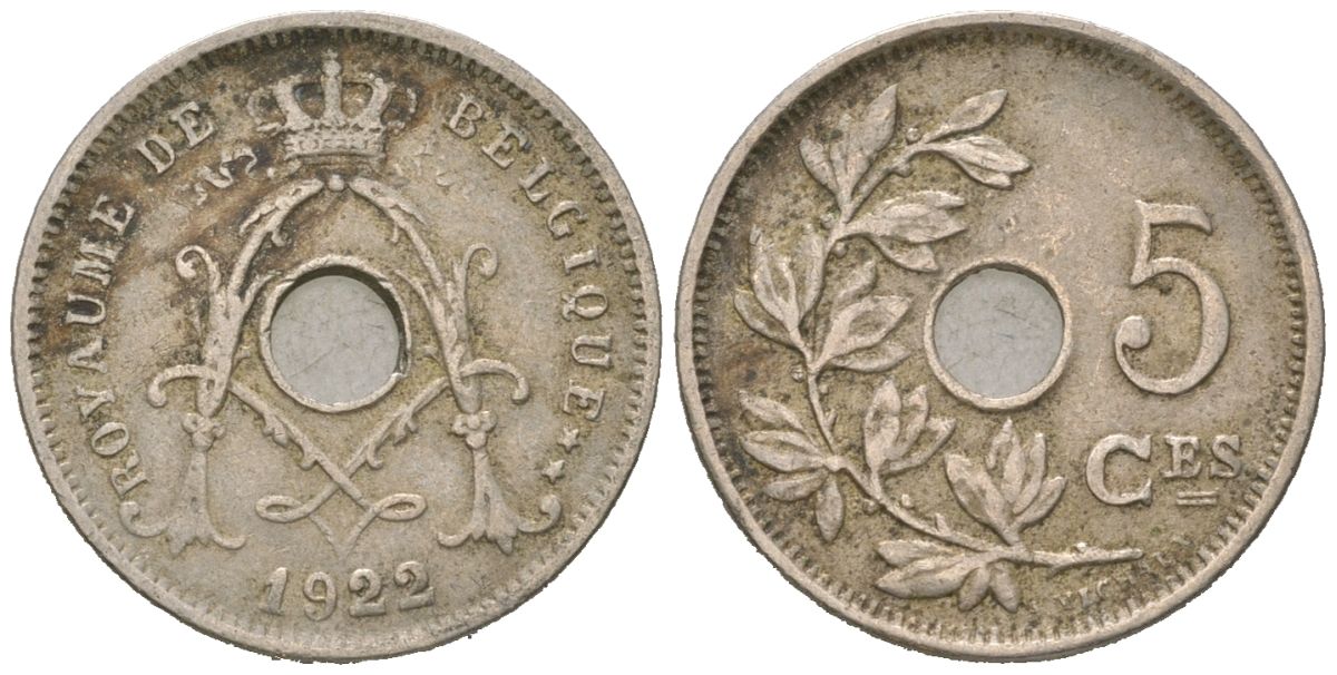 Бельгия 5 сантимов 1922 Belgique, Альберт I (1909-1934) KM 66 медно-никель 4615-662