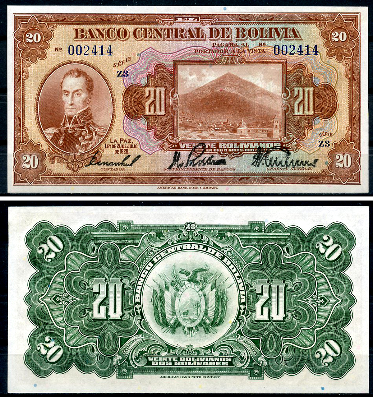 Боливия 20 боливиано 1928 Симон Боливар, Потоси, серия Z3 Pick 122 a (9)  бумага  aUNC 00-00