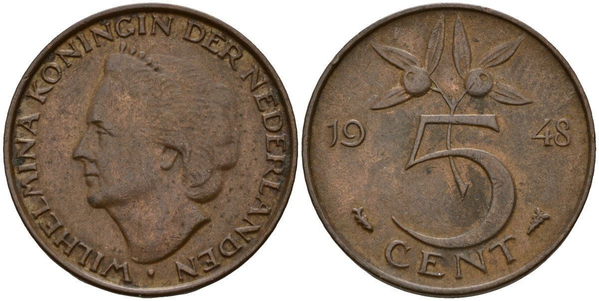 Нидерланды 5 центов 1948 Вильгельмина I (1890-1948) KM 176 бронза 4154-926
