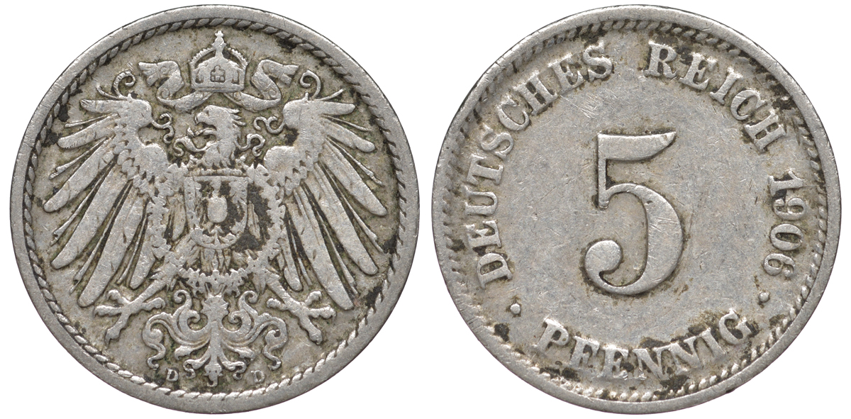 ГЕРМАНИЯ 5 ПФЕННИГОВ 1906 D, KM 11, J. 12 медно-никель 45-1126