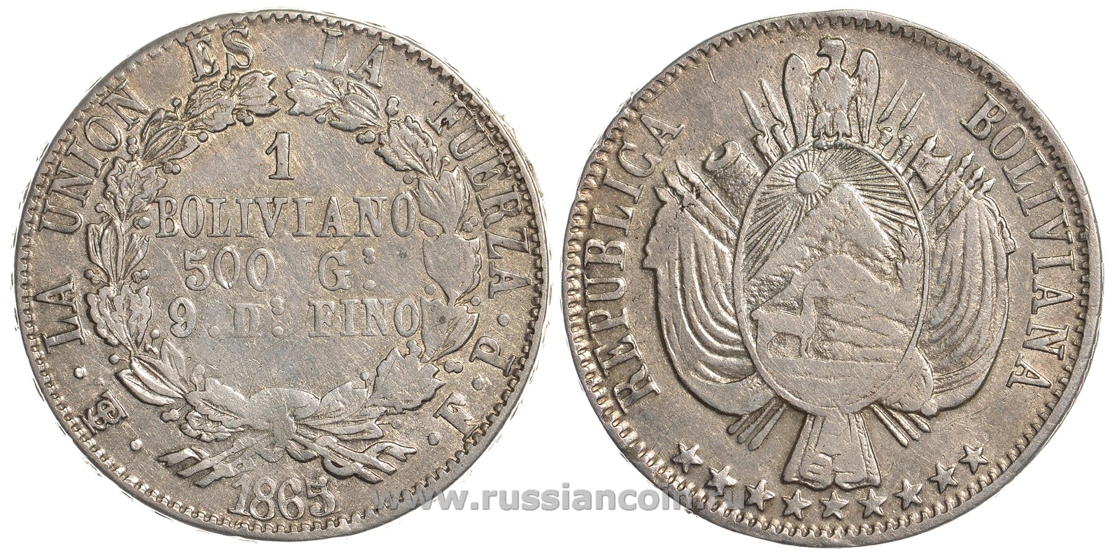 Боливия 1 боливиано 1865/4  KM 152.1 серебро 00-1067-6-62