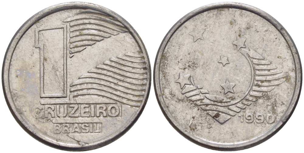 Бразилия 1 крузейро 1990 KM 617 нержавеющая сталь 201-764