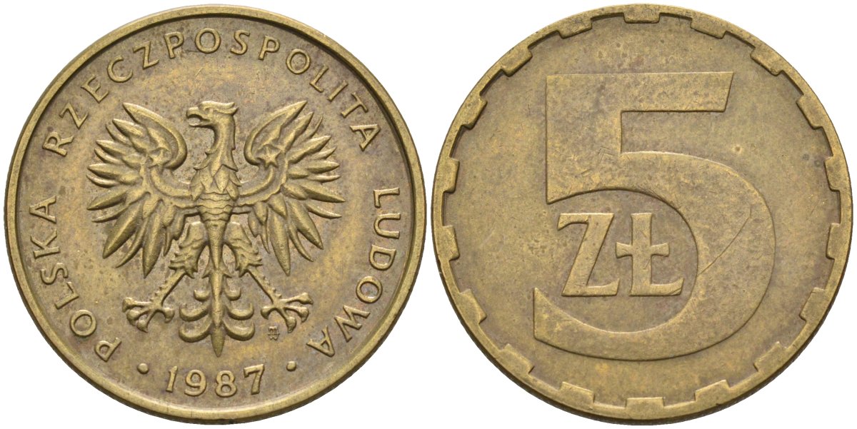 Польша 5 злотых 1987 MW, Народная Республика KM 81.2, Parchimowicz 222b латунь 4556-1231