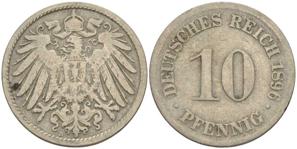 ГЕРМАНИЯ 10 ПФЕННИГОВ 1896 D KM 12, J. 13 медно-никель 4401-952