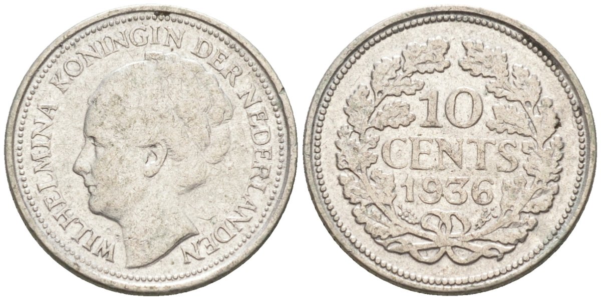 Нидерланды 10 центов 1936 Вильгельмина I (1890-1948) КМ 163 серебро 188-1162