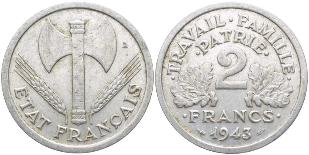 Франция 2 франка 1943 правительство Виши KM 904.1, LE FRANC 270.2 алюминий 109-1223
