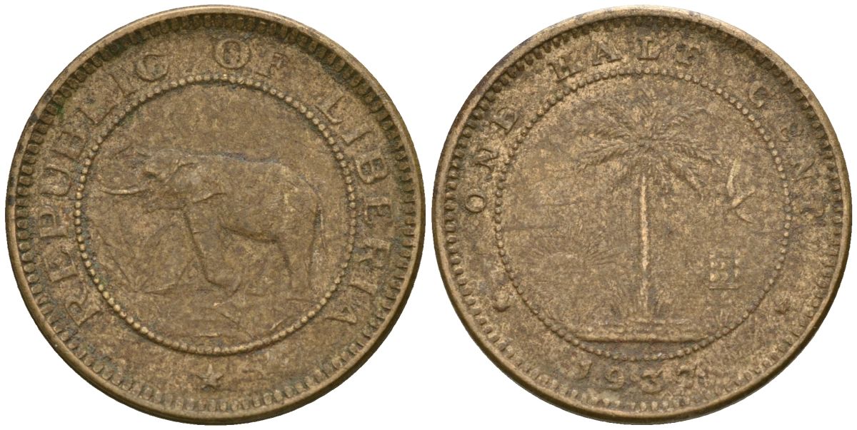 Либерия 1/2 цента 1937 KM 10 латунь 4174-346